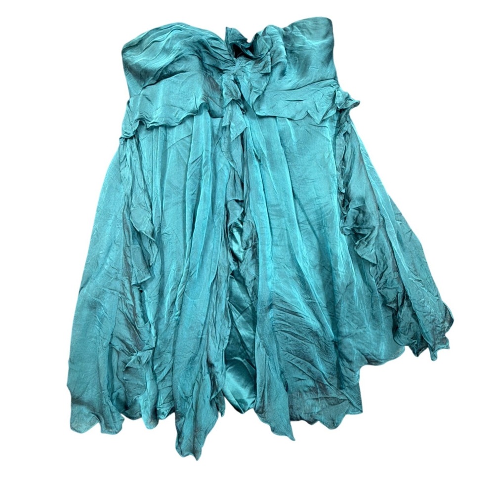 Badgley Mischka Dress Womens 12 Teal Silk Strapless Ruffle Mini Cocktail Party